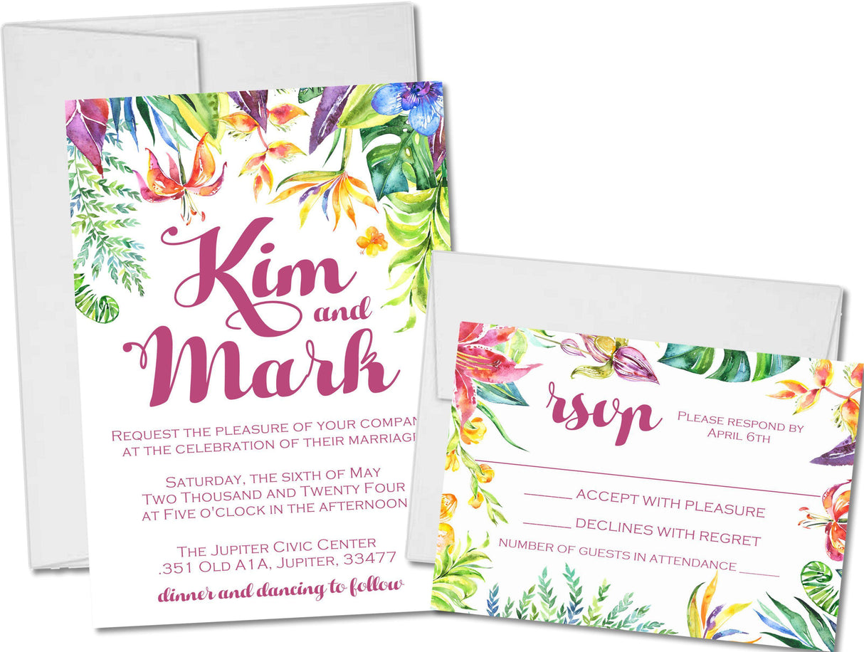 Tropical anniversary party invitation with vibrant floral artwork and destination inspired style