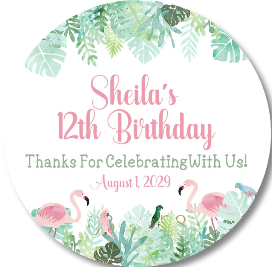 Tropical flamingo birthday sticker with watercolor palm leaves