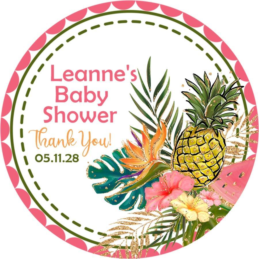 Tropical pineapple and floral baby shower sticker with pink and green leaves