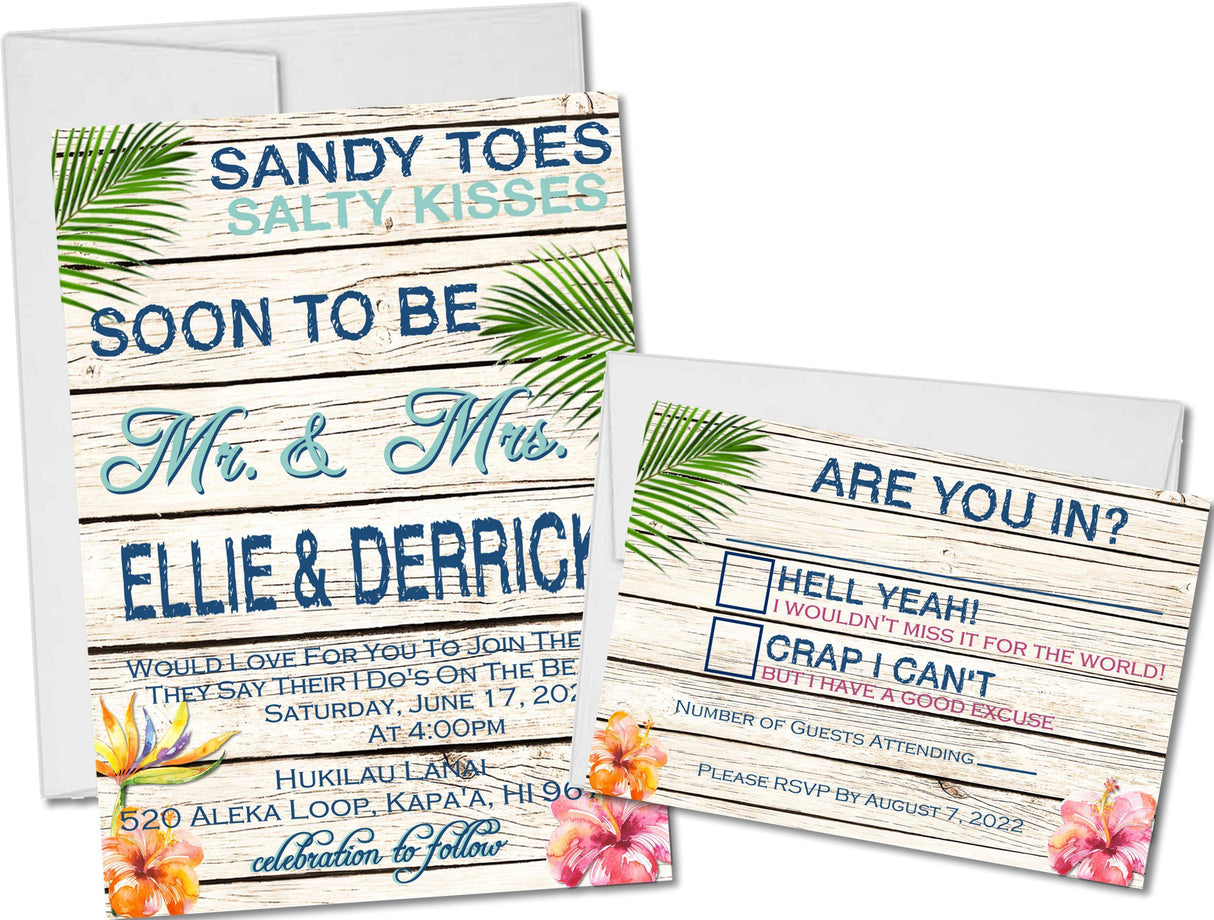 Tropical wedding invitation with hibiscus flowers and rustic whitewashed wood background
