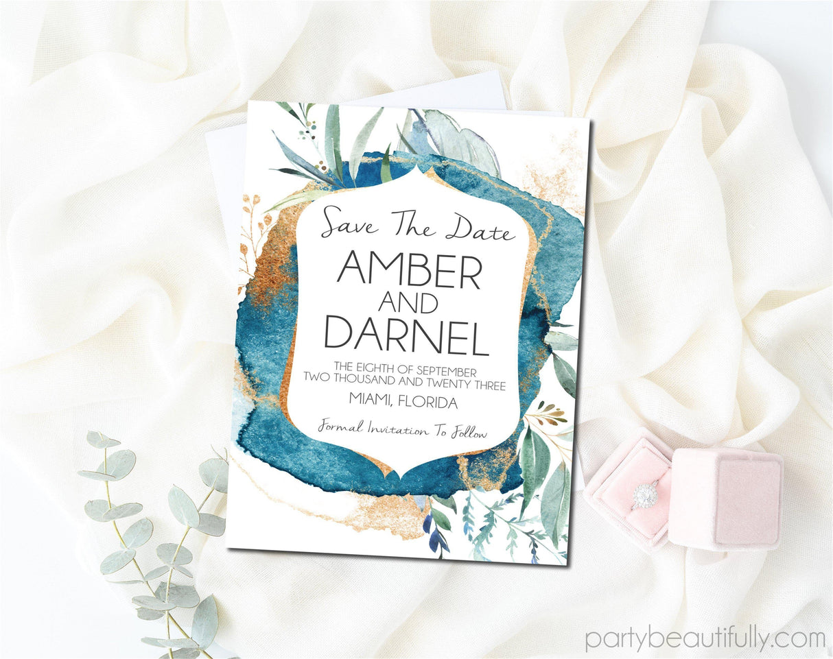 Turquoise And Gold Wedding Save The Date Cards