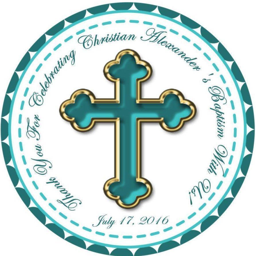 Turquoise and gold cross baptism sticker for favors