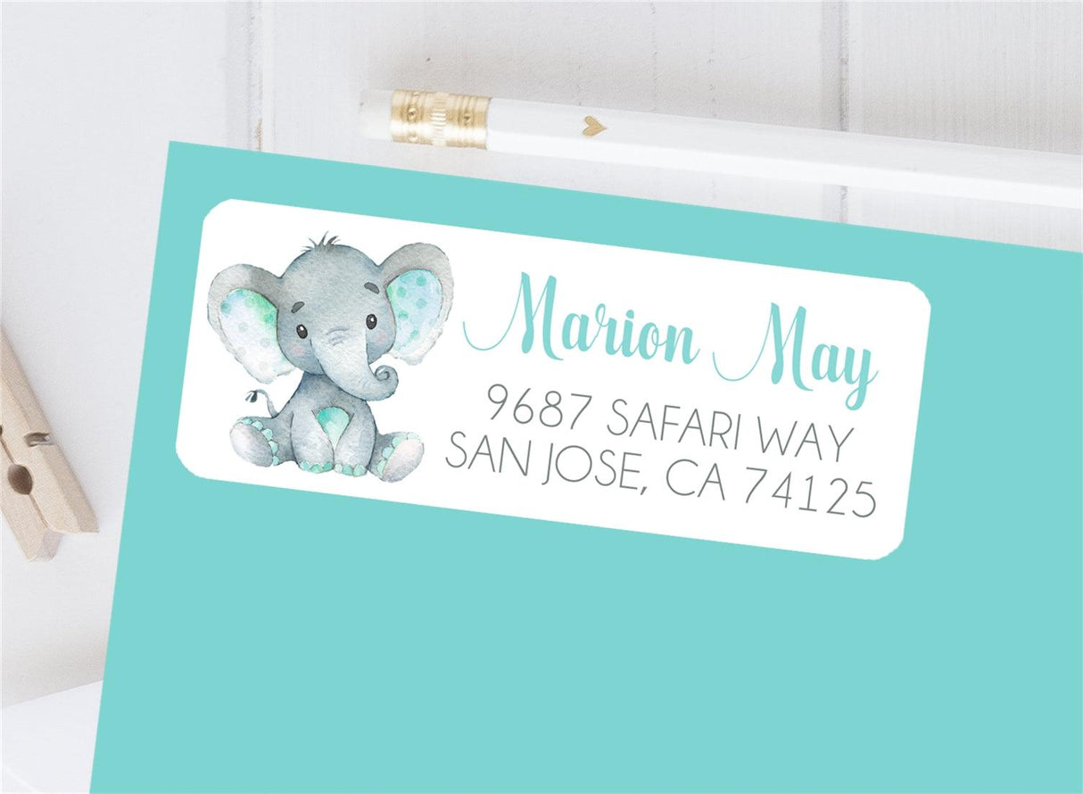 Turquoise elephant address labels with watercolor baby elephant