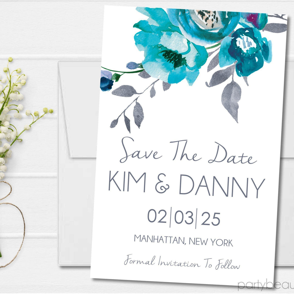 Turquoise grey save the date cards