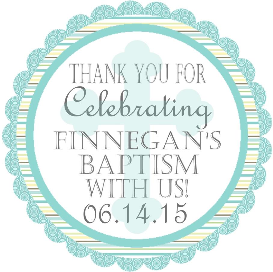 Turquoise scalloped baptism sticker with teal border and thank you wording