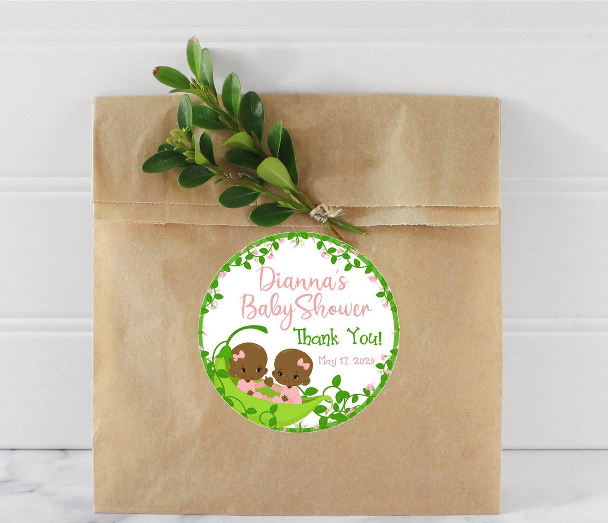 Twin girls thank-you sticker featuring brown-skinned pea pod babies