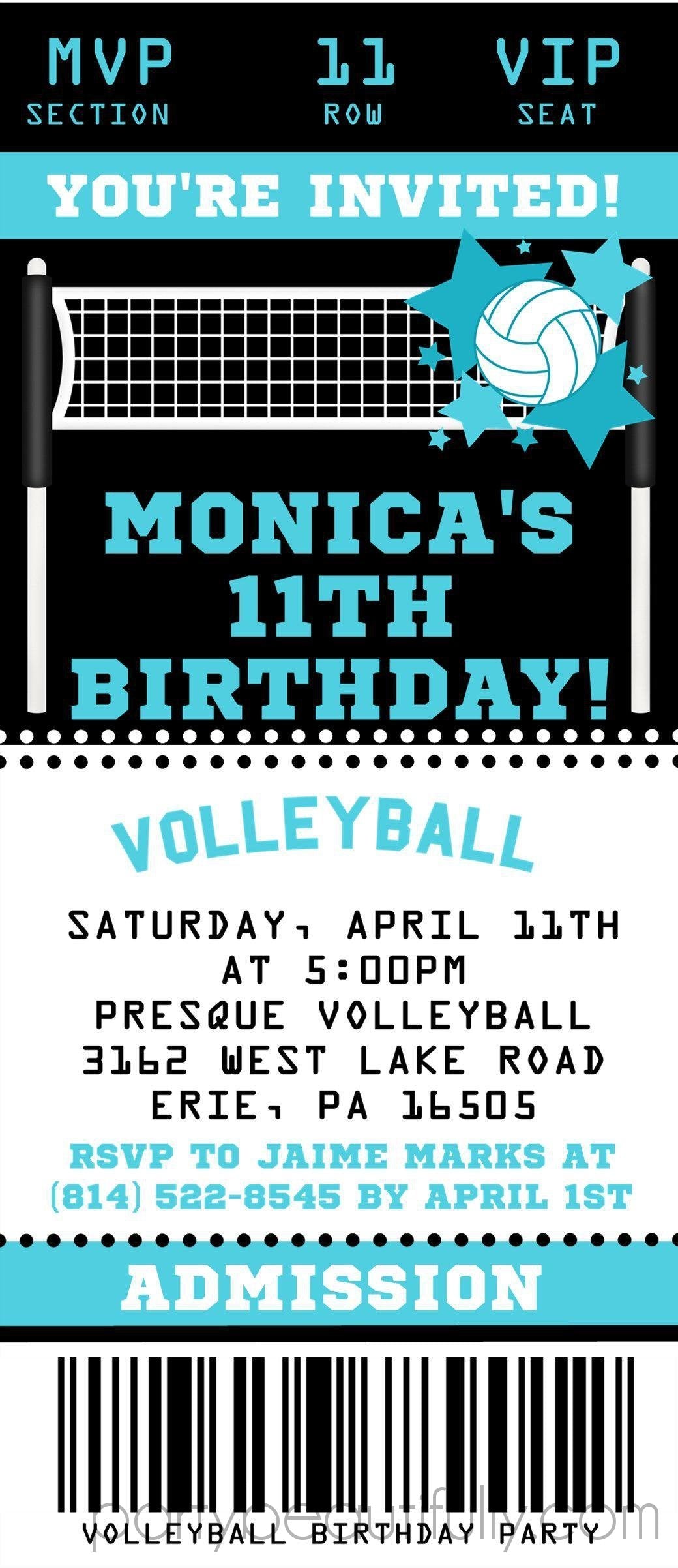 Volleyball Birthday Party Ticket Invitations