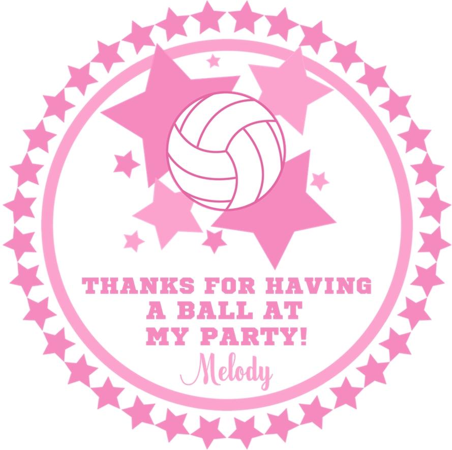 Volleyball party favor label featuring volleyball graphic and customizable text