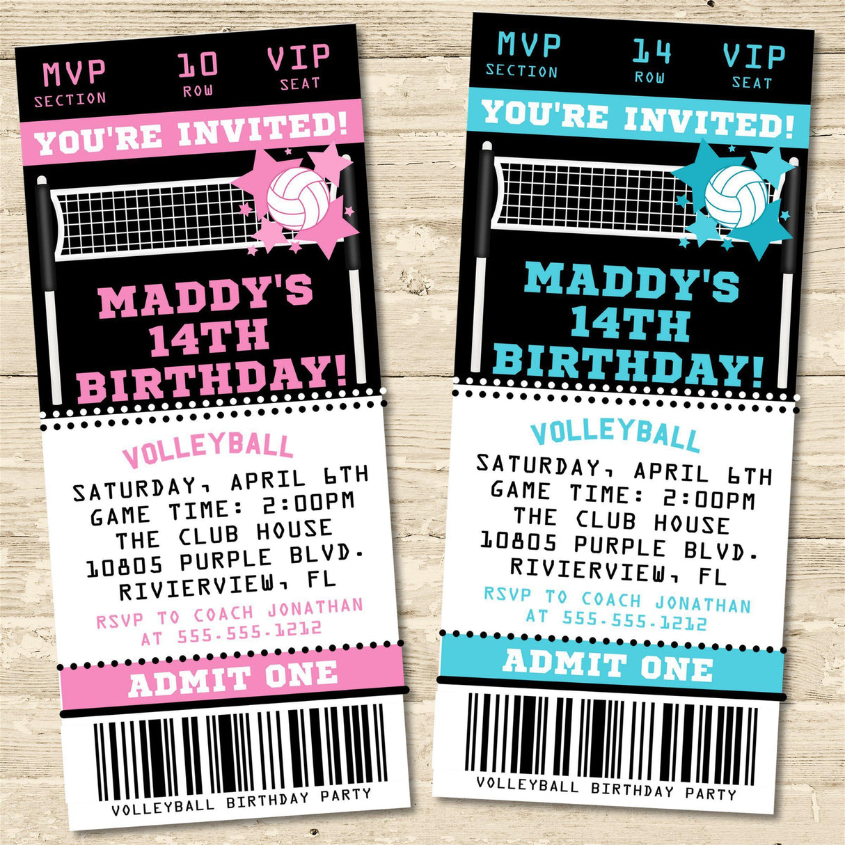 Volleyball party invitation ticket featuring volleyball net artwork
