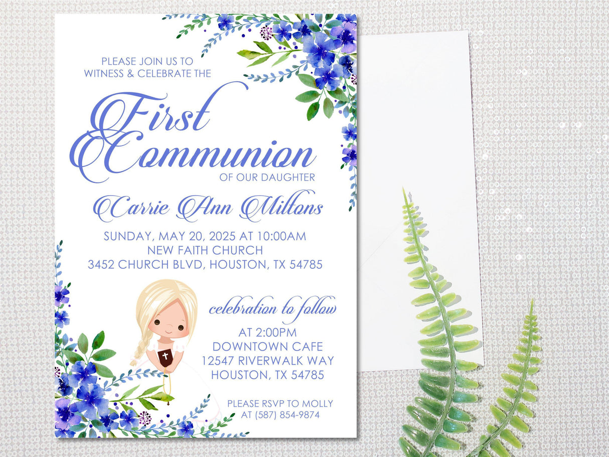 Watercolor blue floral communion invitation with character