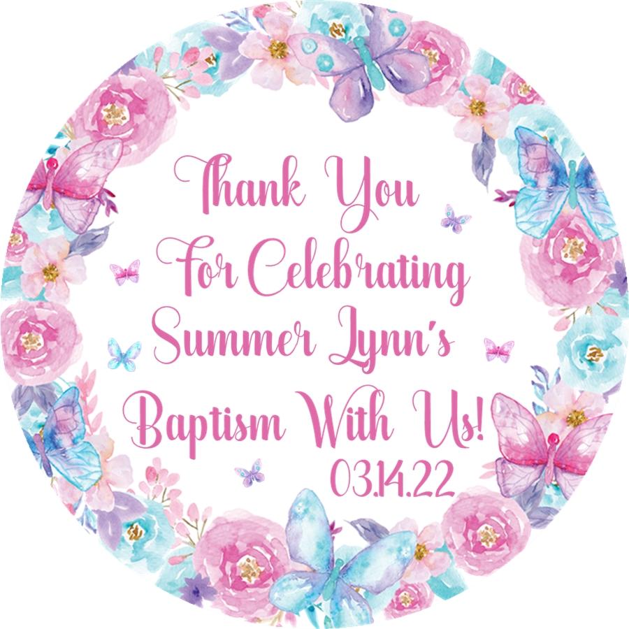 Watercolor butterfly and flower Baptism favor label
