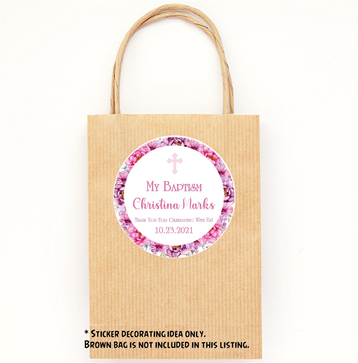 Watercolor floral cross baptism favor sticker