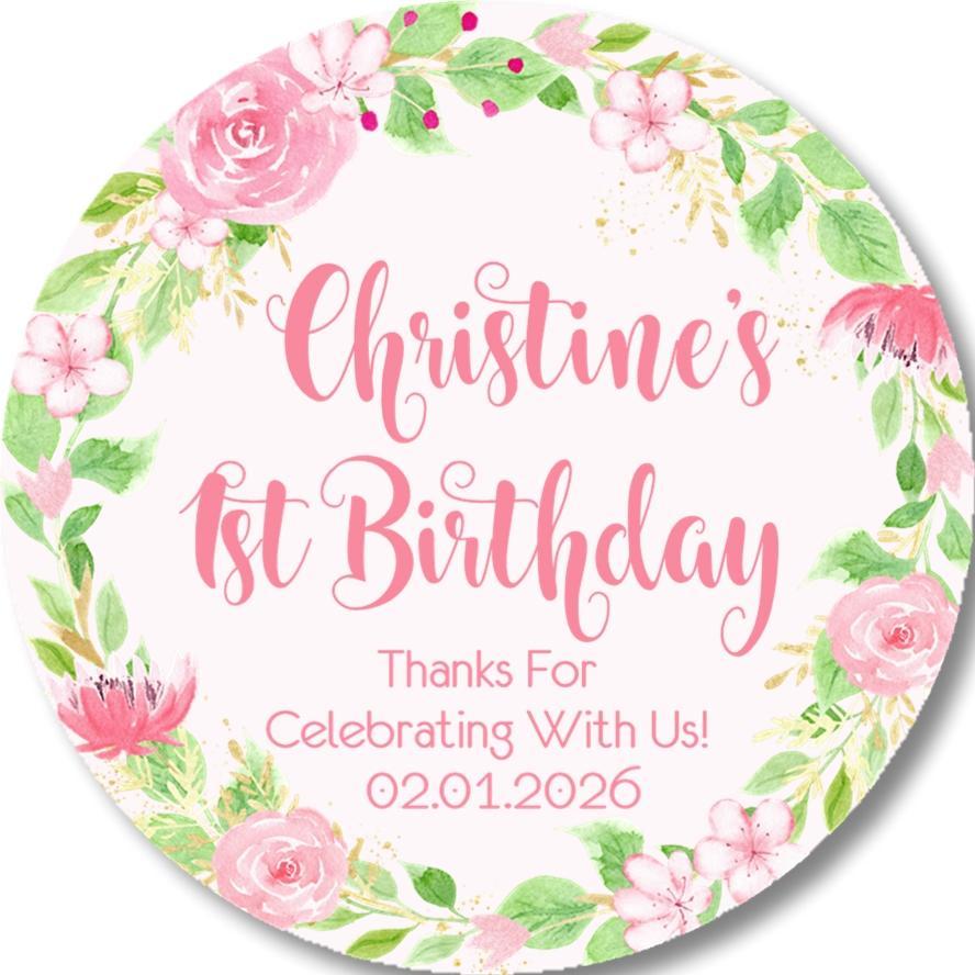 Watercolor flower wreath birthday favor label