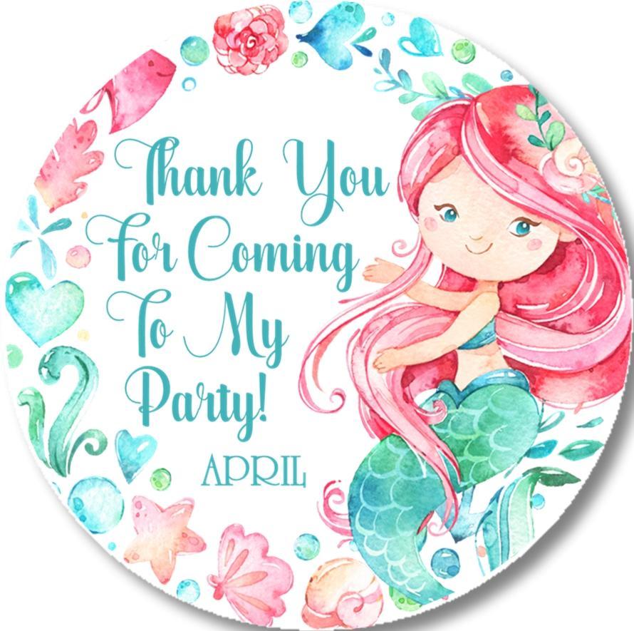 Watercolor mermaid birthday sticker with pink hair and teal tail