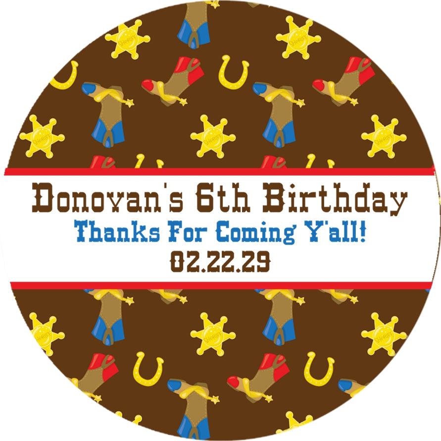 Western party favor labels with cowboy icons