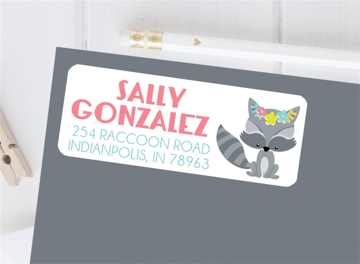Woodland raccoon address labels with floral crown illustration