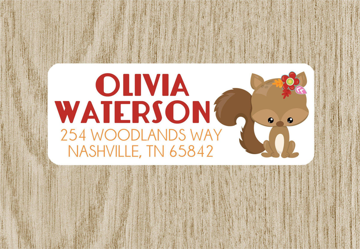 Woodland squirrel floral address labels with orange name text