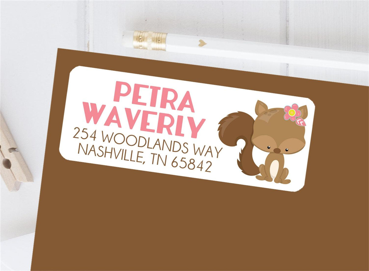 Woodland squirrel floral address labels with pink name text