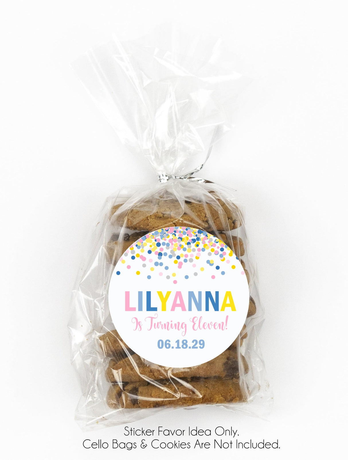 Yellow pink blue confetti birthday favor label
