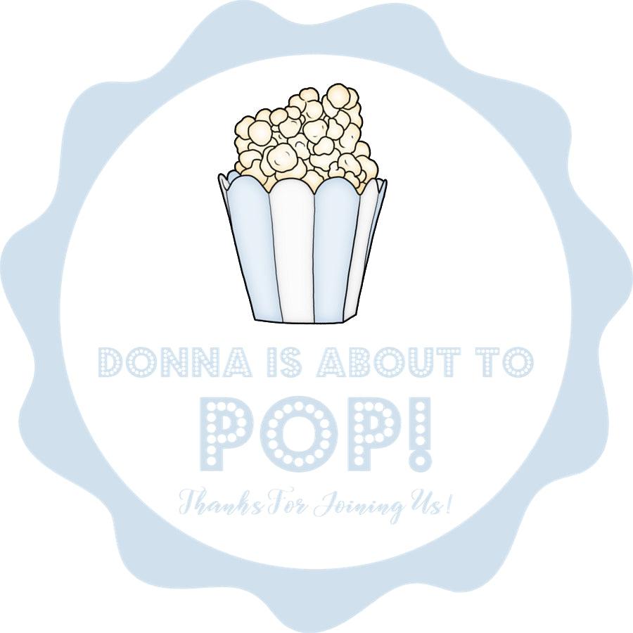 baby boy popcorn sticker with about to pop text