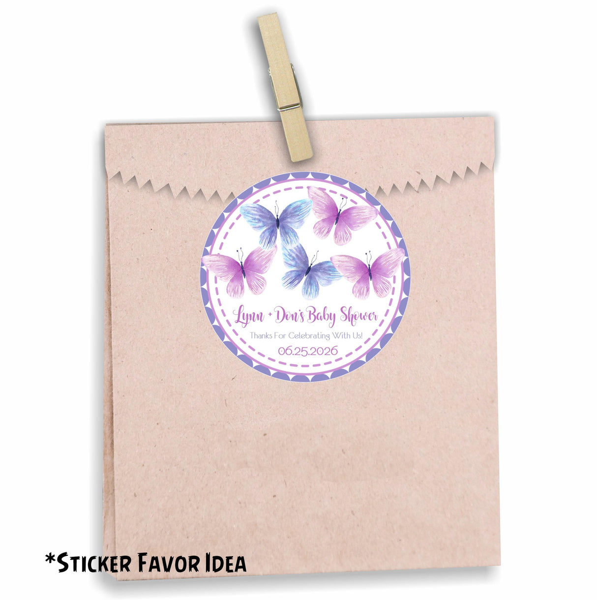 baby shower sticker with purple butterflies