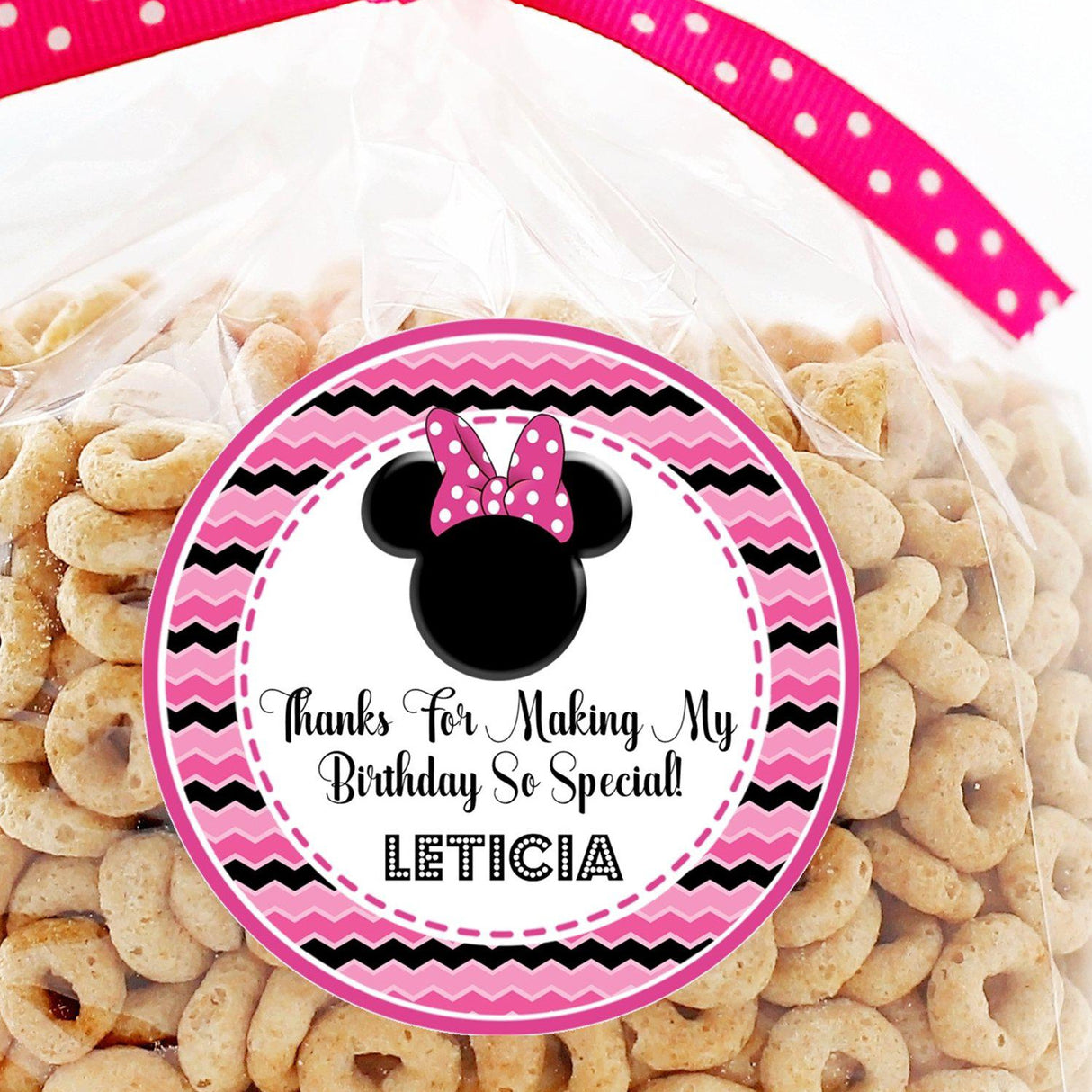 black and pink mouse themed party favor label