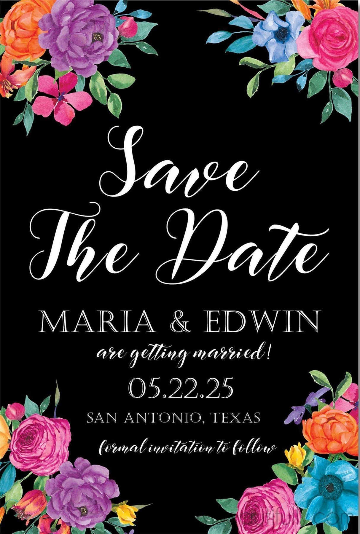 black fiesta save the date cards colorful floral mexican wedding design