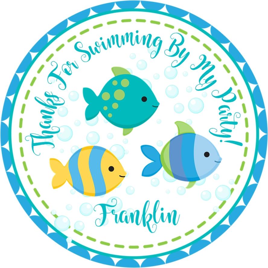 blue and turquoise fish birthday stickers for party favors