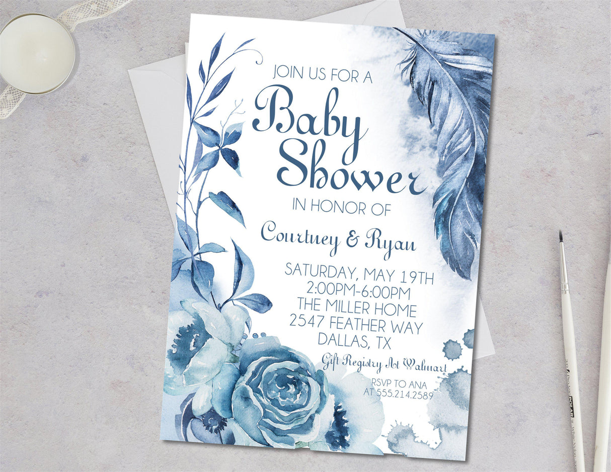 blue boho floral baby shower invitations dusty blue watercolor design