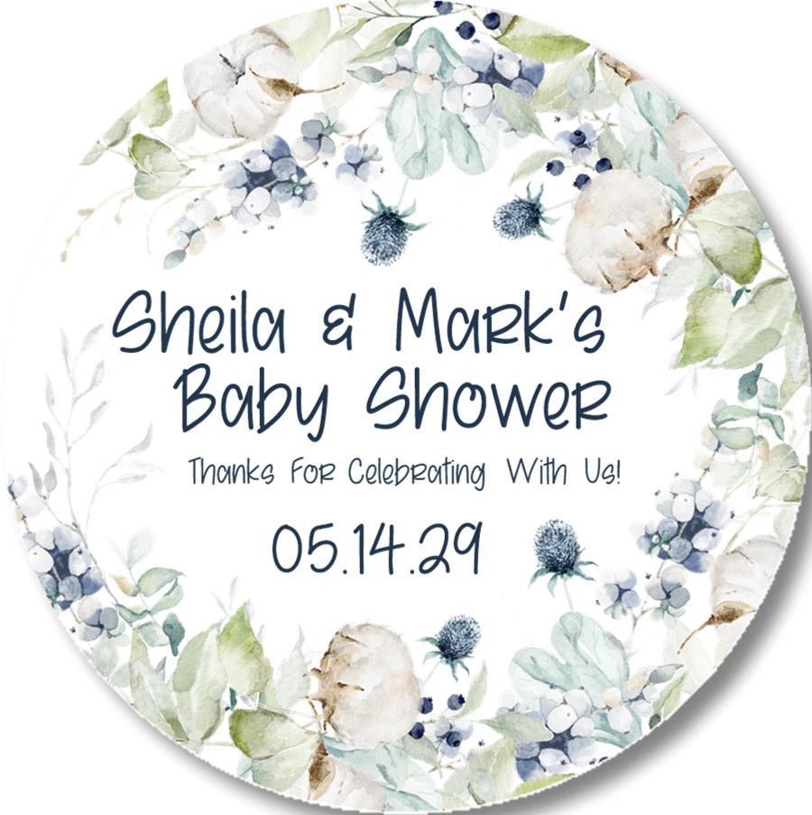 blue floral baby shower sticker with eucalyptus and cotton