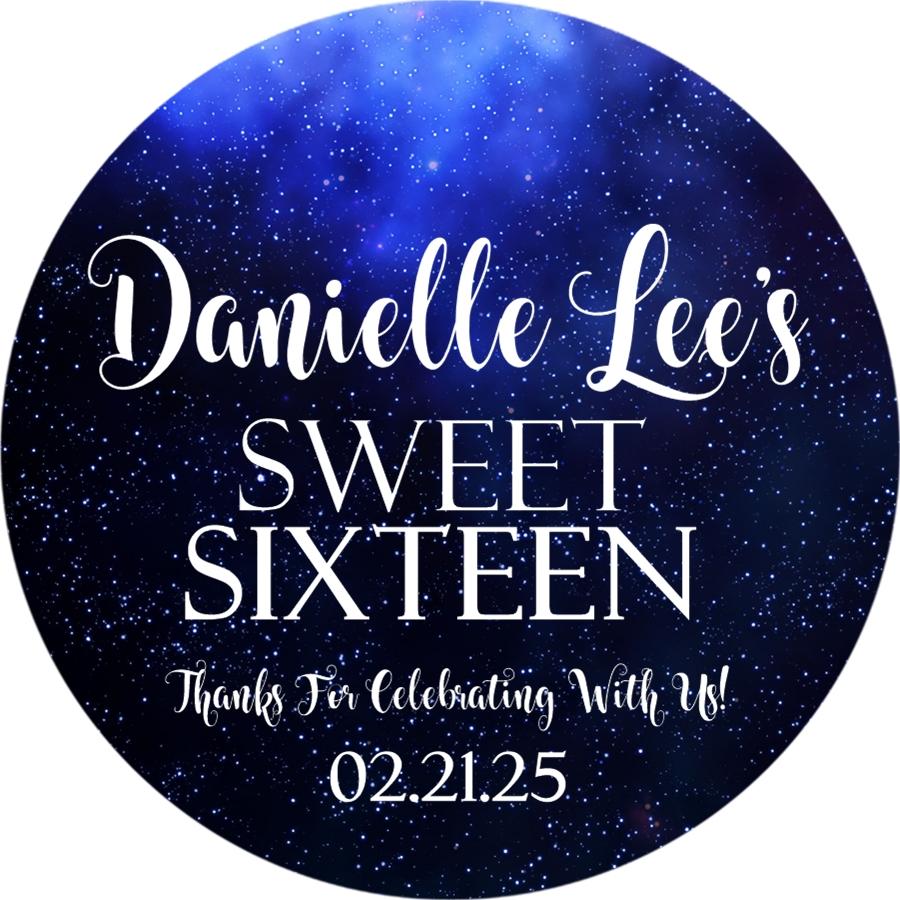 blue galaxy sweet sixteen personalized party favor sticker