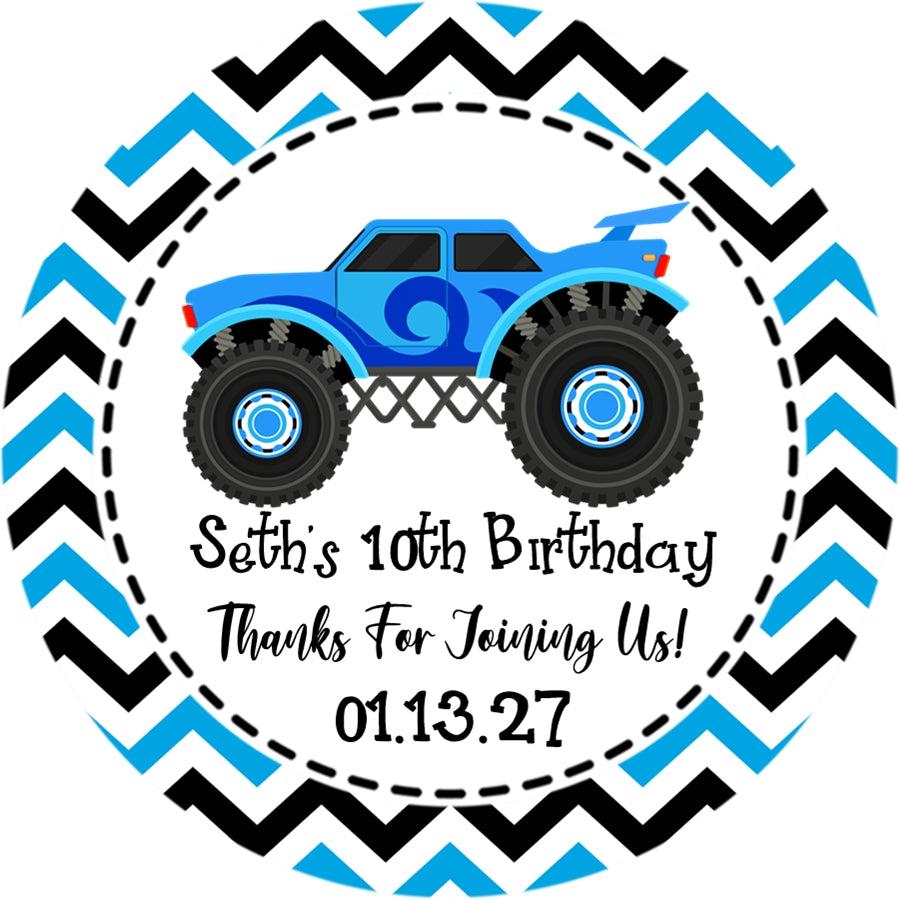 blue monster truck birthday sticker with chevron pattern