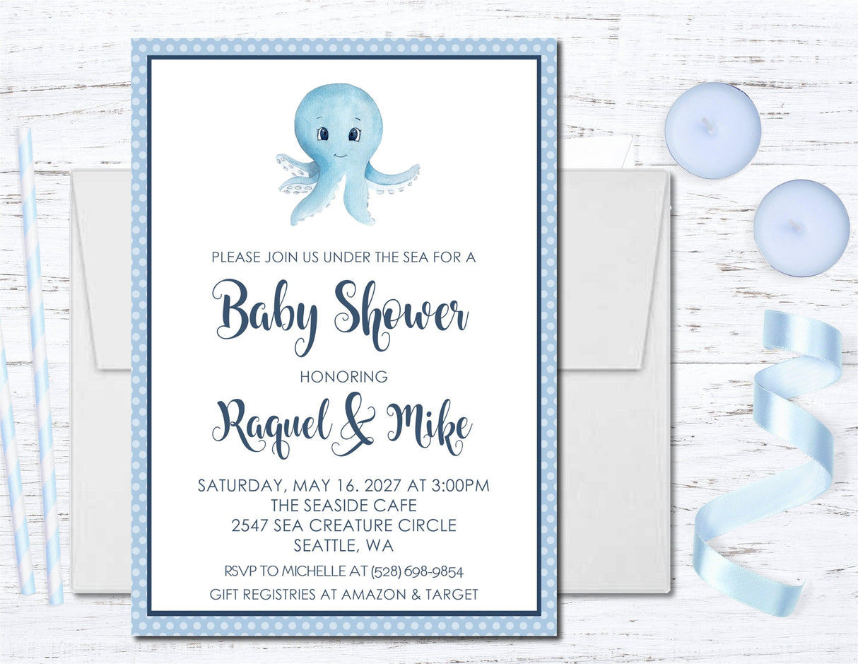 blue octopus baby shower invitations nautical boy theme