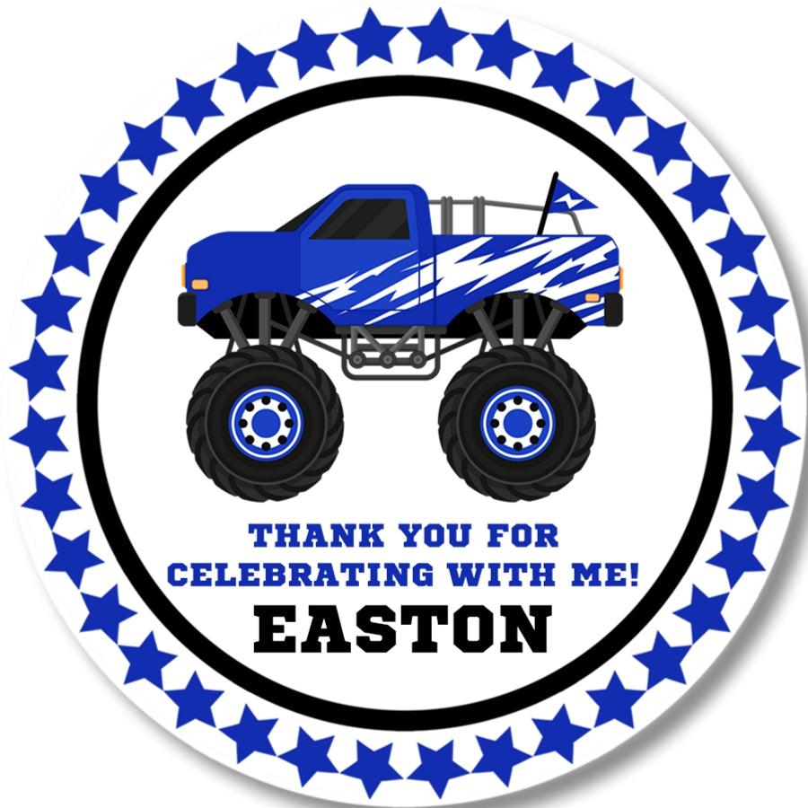 blue racing truck party favor label