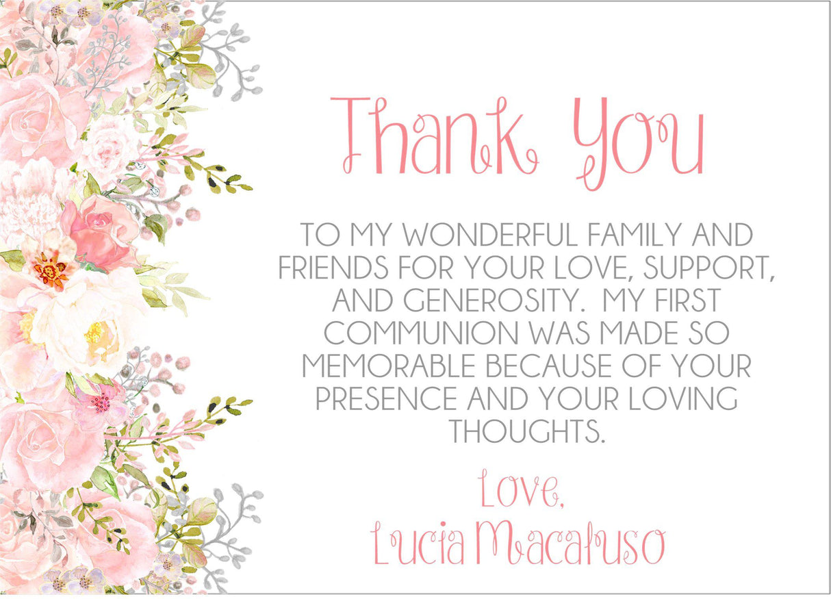 blush communion thank you cards botanical flower style