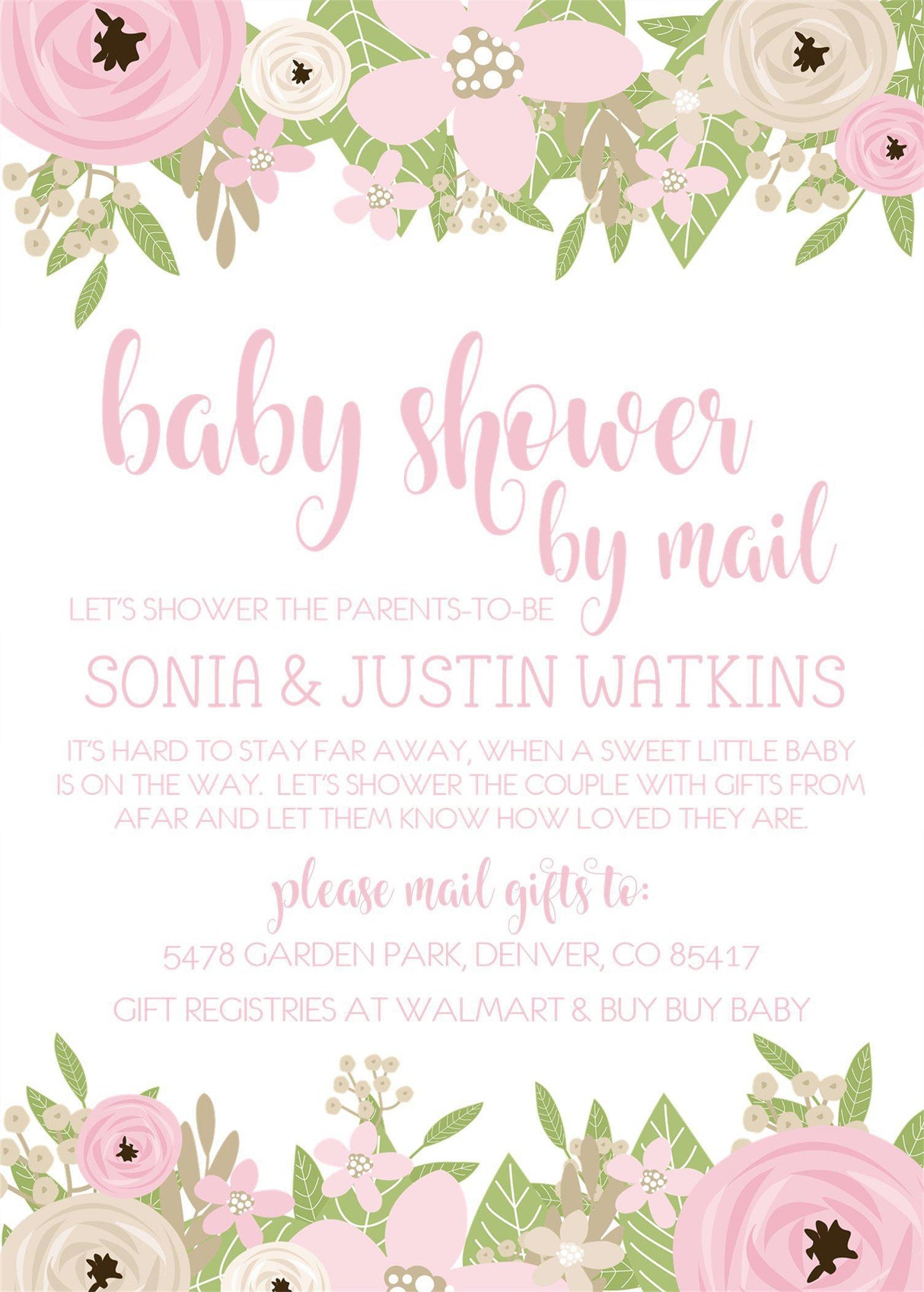 blush pink floral baby shower by mail invitations with matching address labels
