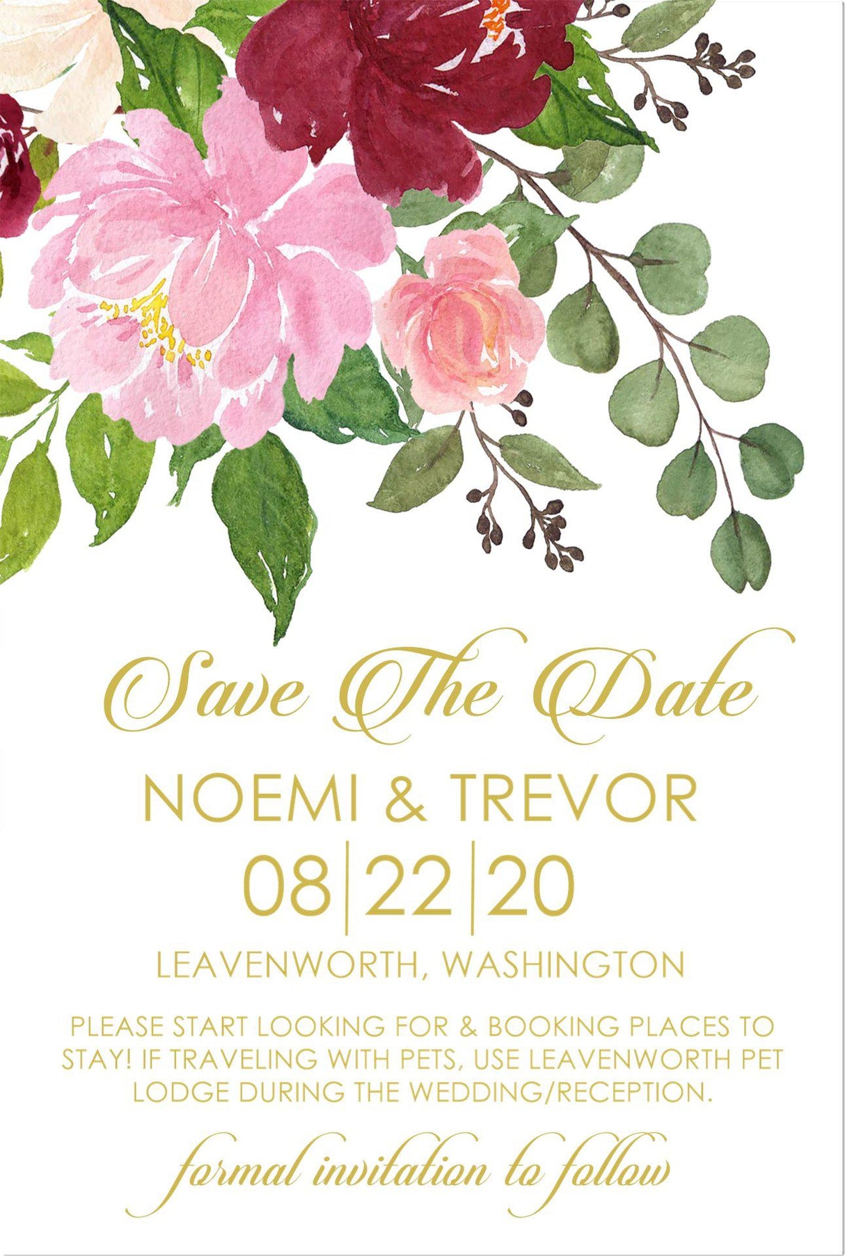 blush pink watercolor flower wedding save the dates eucalyptus greenery theme