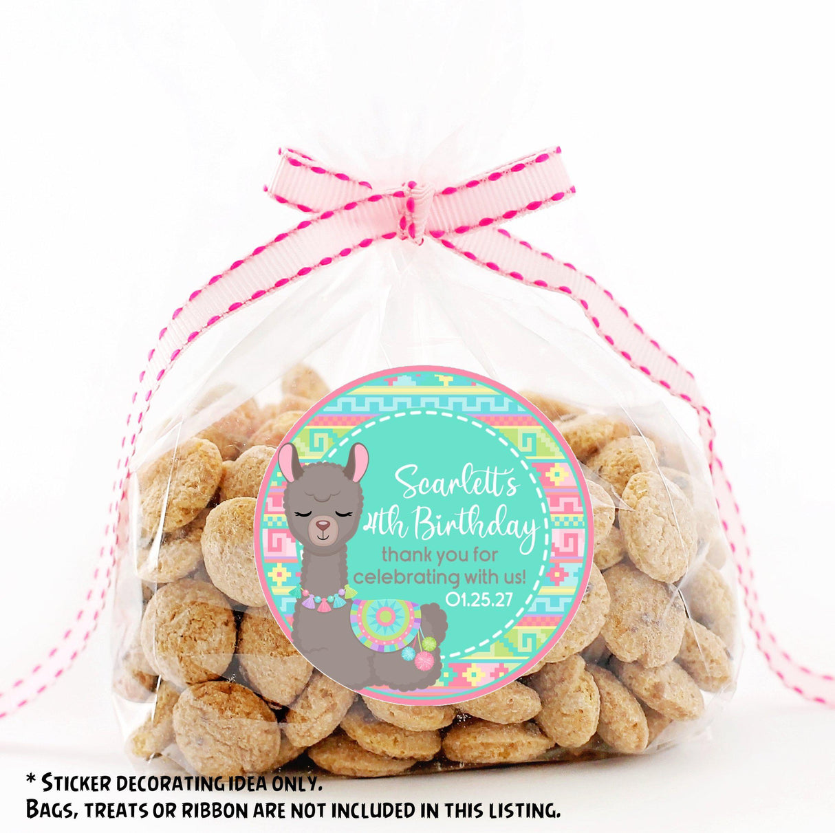 boho llama party favor label in pink and teal