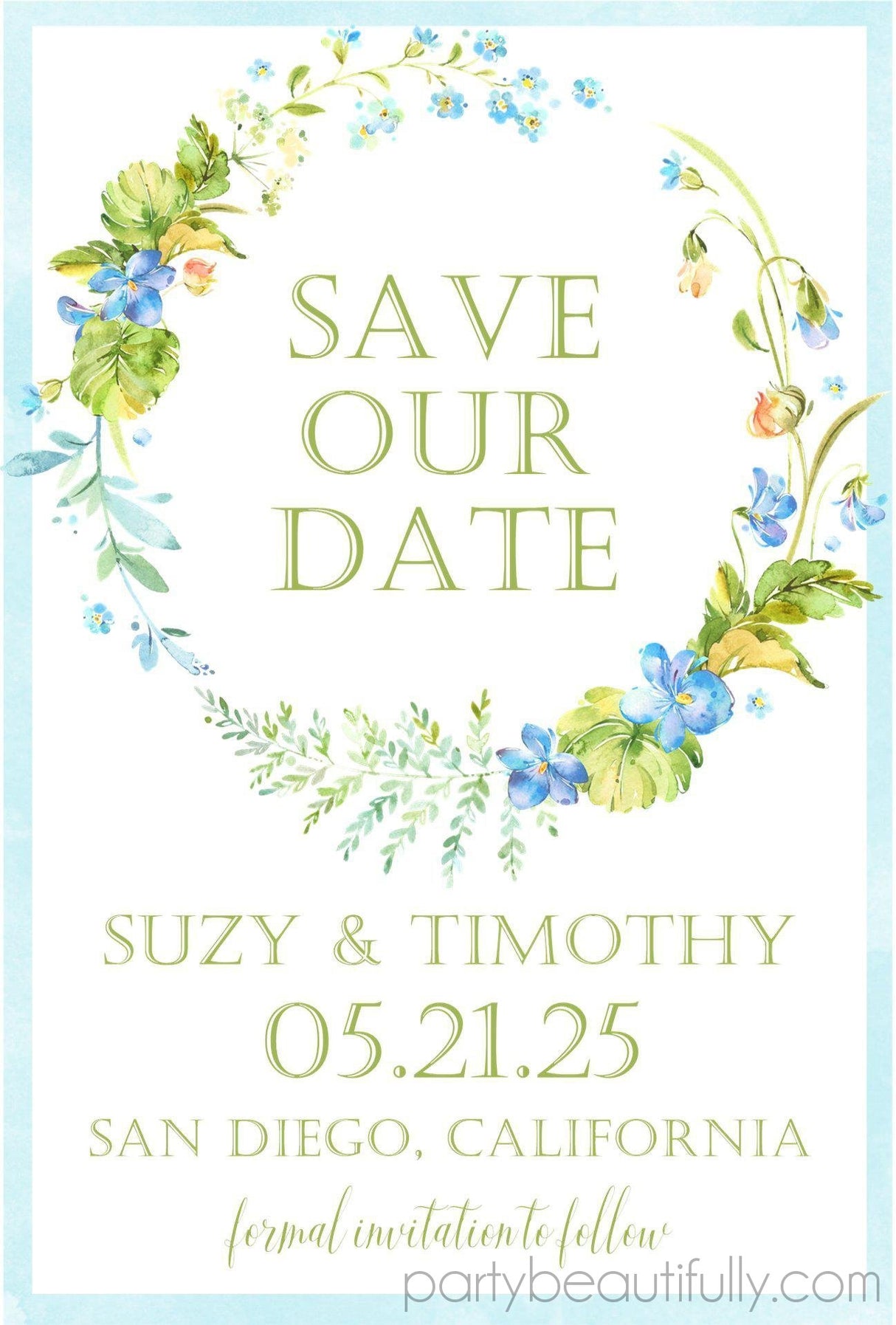 botanical wedding save the dates modern minimalist blue greenery theme