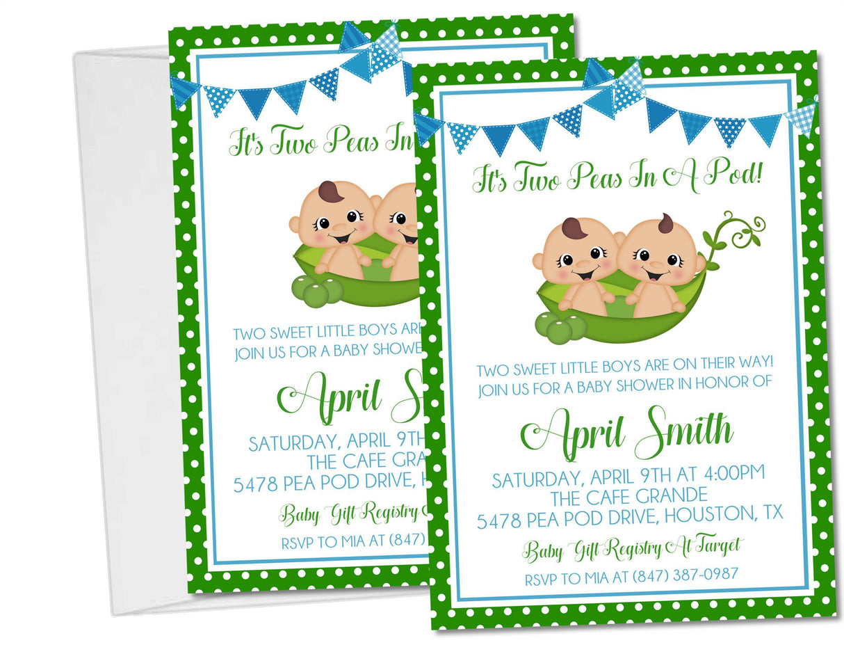 boys blue green two peas in a pod baby shower invitations blue banner design