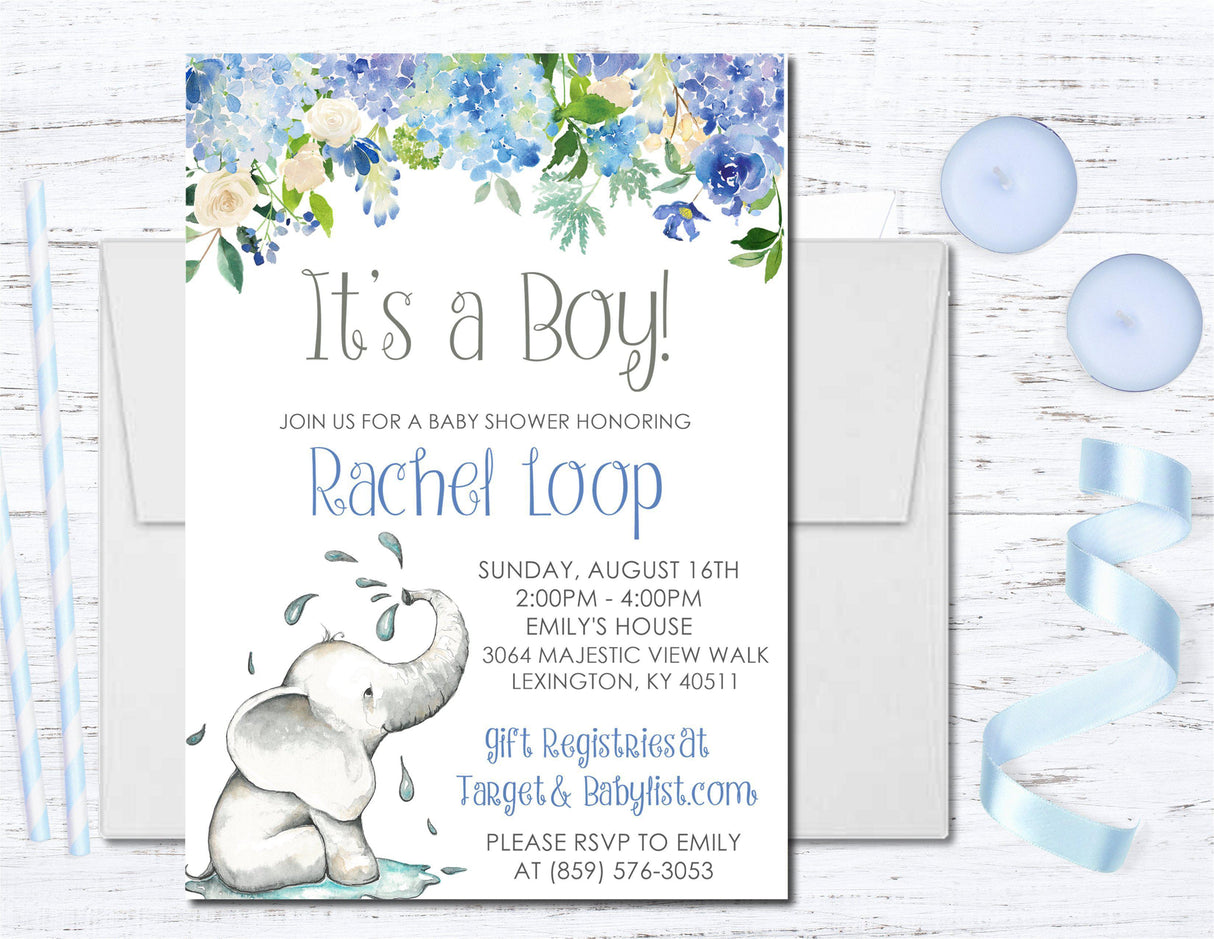 boys blue watercolor elephant baby shower invitations pastel flower theme