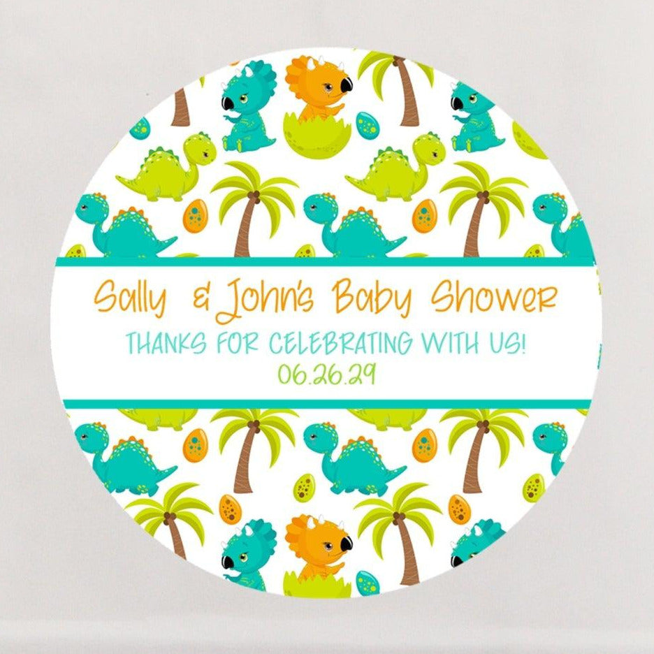 boys dinosaur baby shower sticker with tropical design