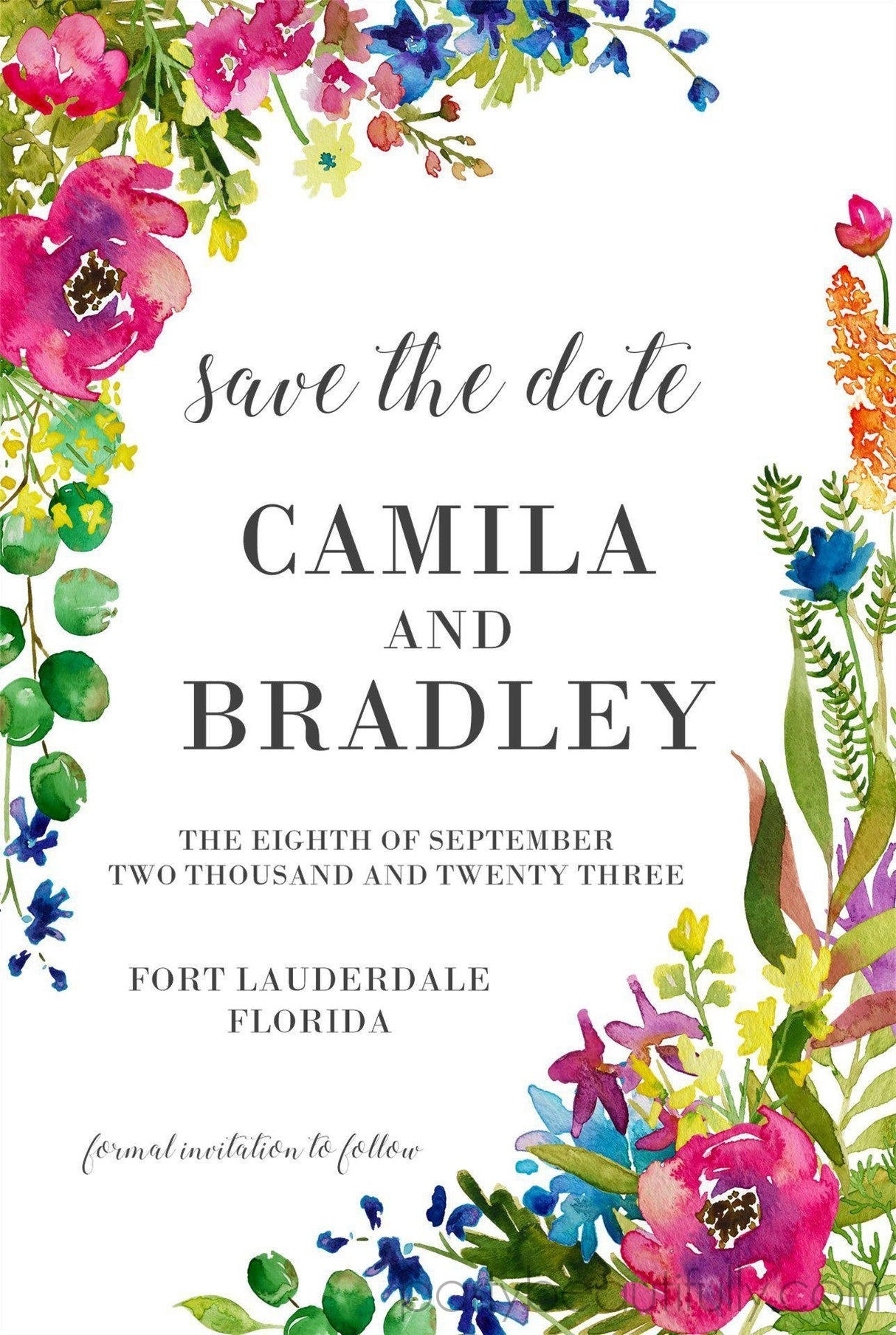 bright floral wedding save the dates vibrant greenery theme