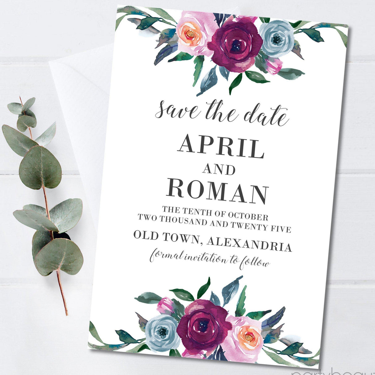 burgundy and blue floral save the date cards watercolor botanical design
