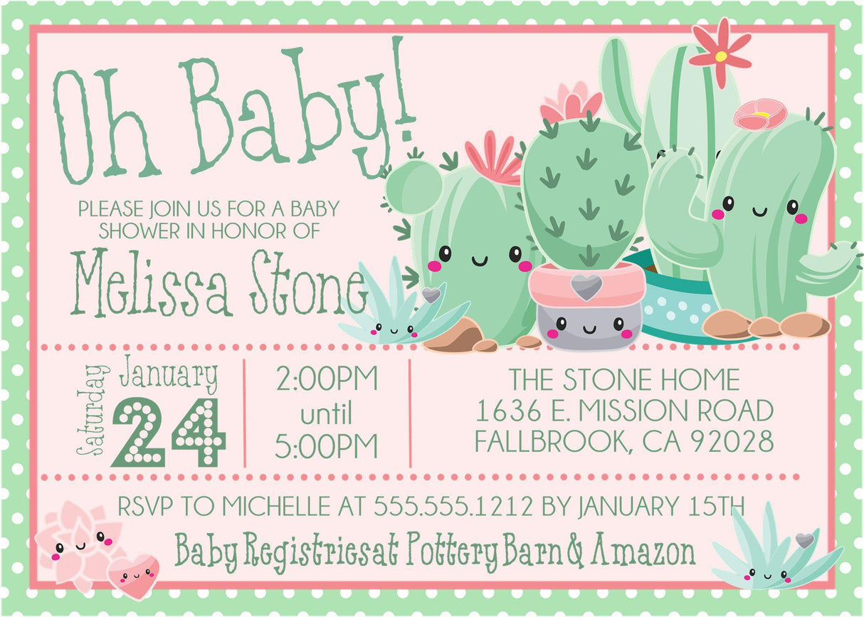 cactus baby shower invitations pink green desert design