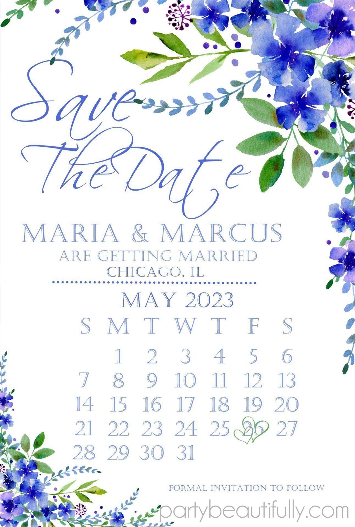calendar style wedding save the dates royal blue flower theme