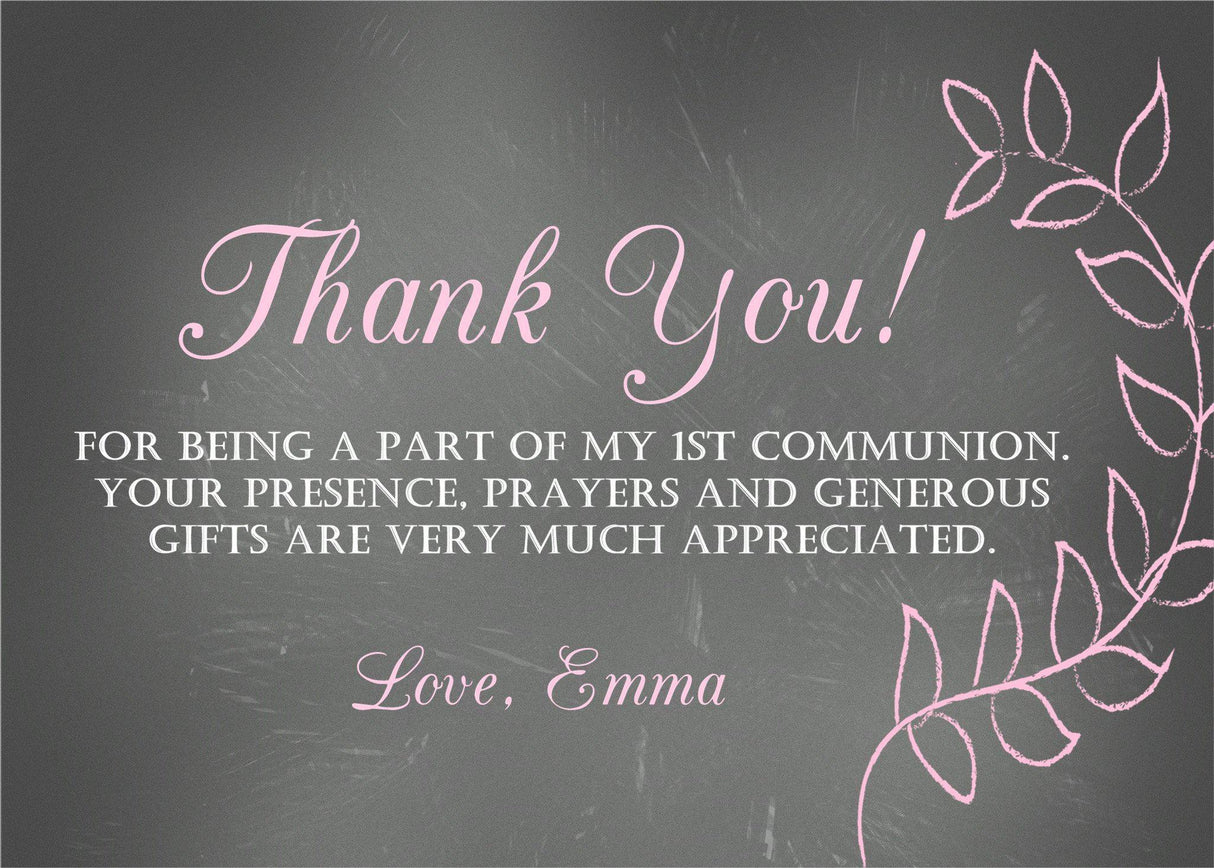 chalkboard communion thank you cards pink botanical design