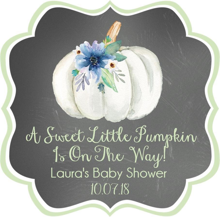 chalkboard pumpkin baby shower sticker with green floral design