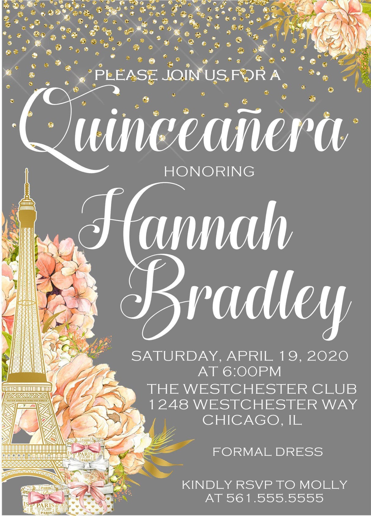 charcoal gray paris quinceañera invitations eiffel tower theme
