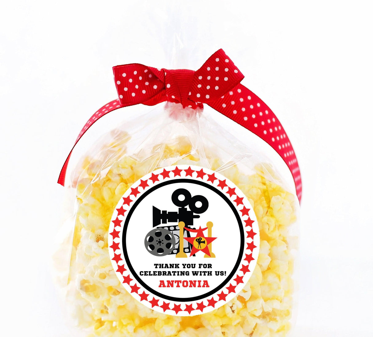 cinema birthday sticker with red and black accents